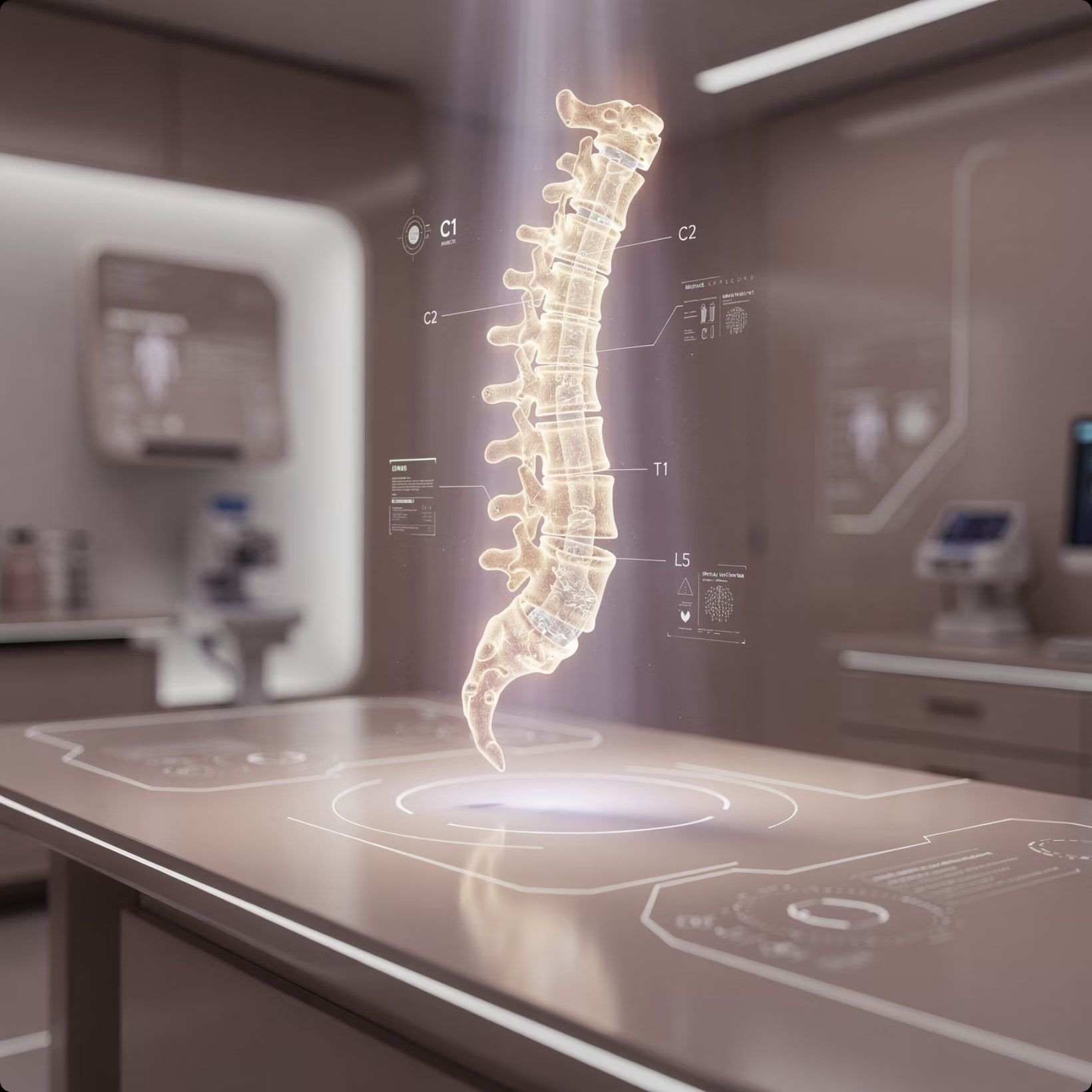 A three-dimensional holographic model of a lumbar spine displayed above a clinical workstation.