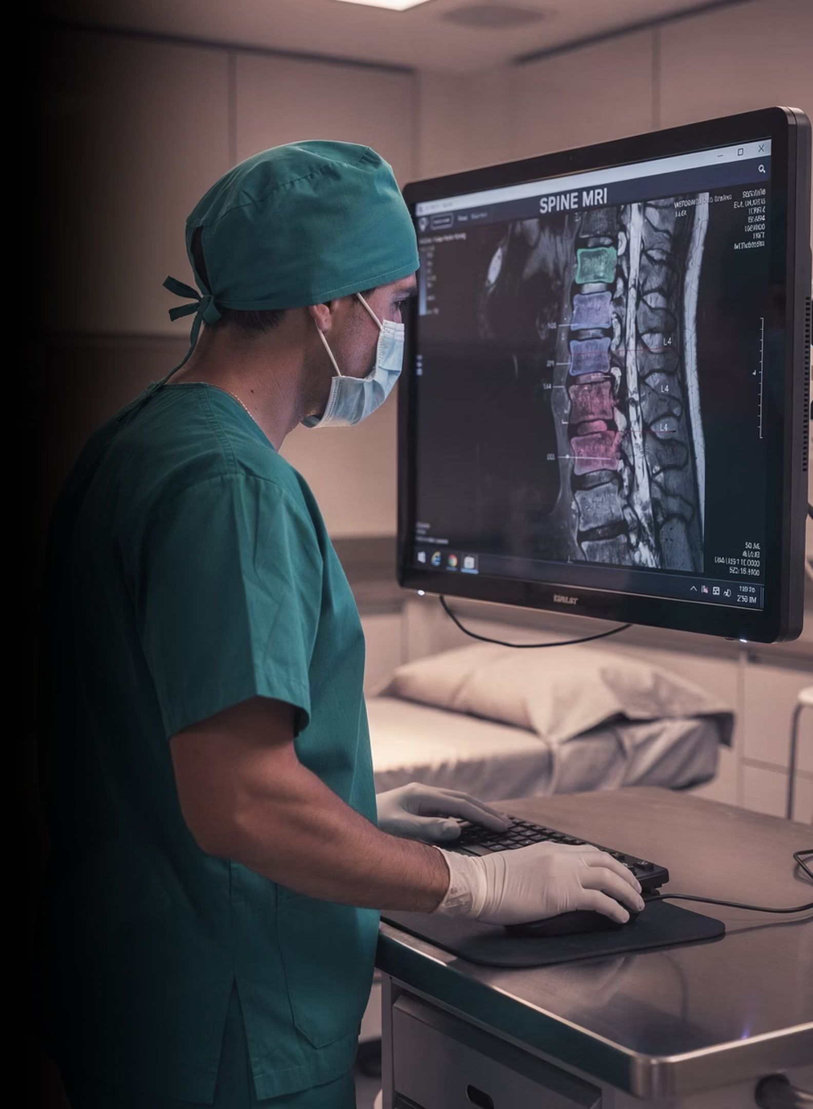 A clinician in surgical scrubs reviewing a spinal study on screen in a procedure room.